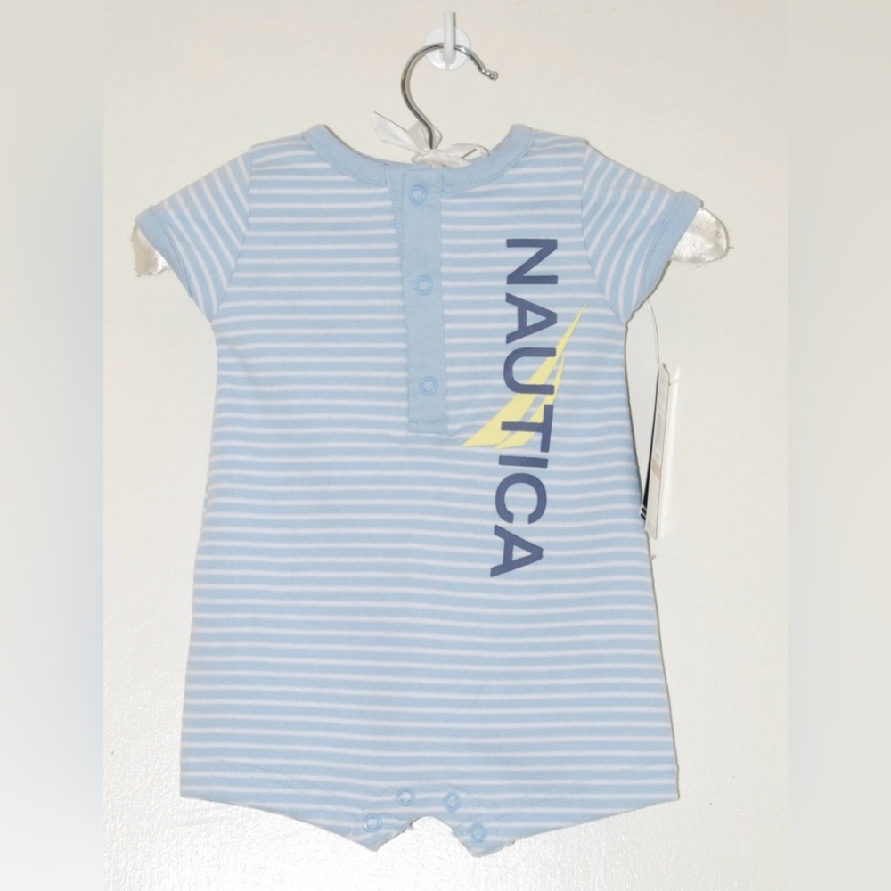 NWT Nautica Infant Boys Pale Blue Striped SS Logo Romper sz 12 Months